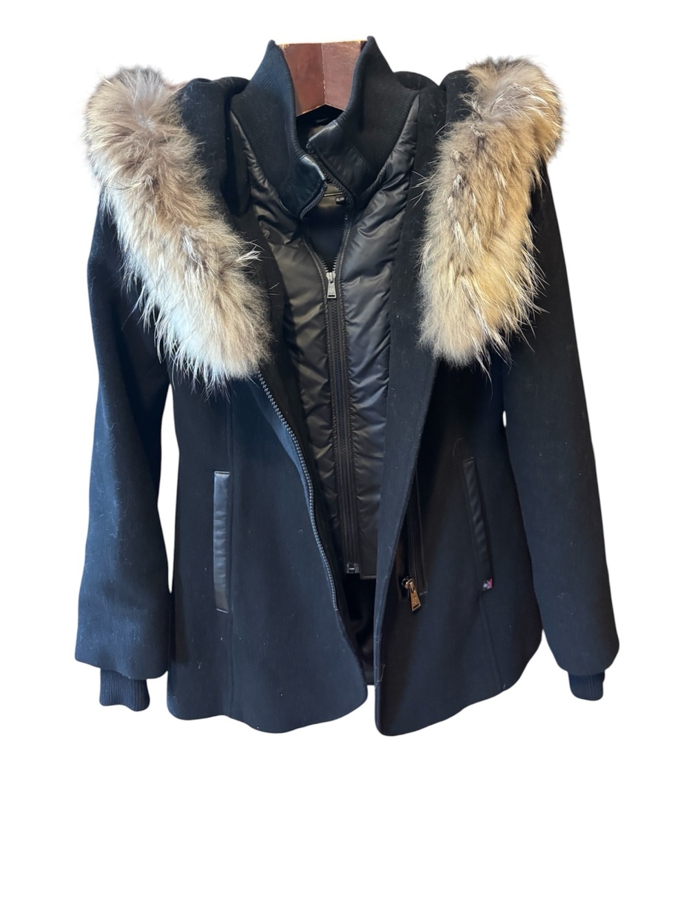 Sicily clothing Black Wool Coat with real  Fur size XL in perfect condition